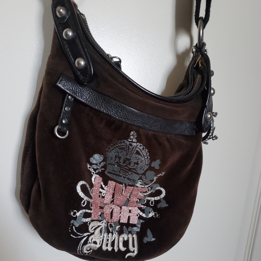Brown Velvet Shoulder Bag with Embroidery